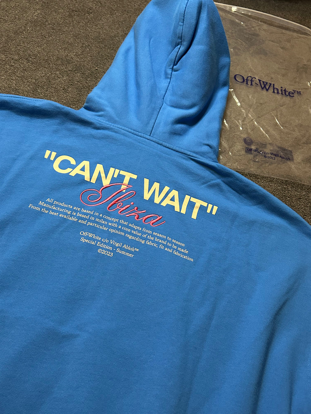 Off-white Hoodie special edition summer 23` Ibiza "cant wait" in Teal blue BNWT