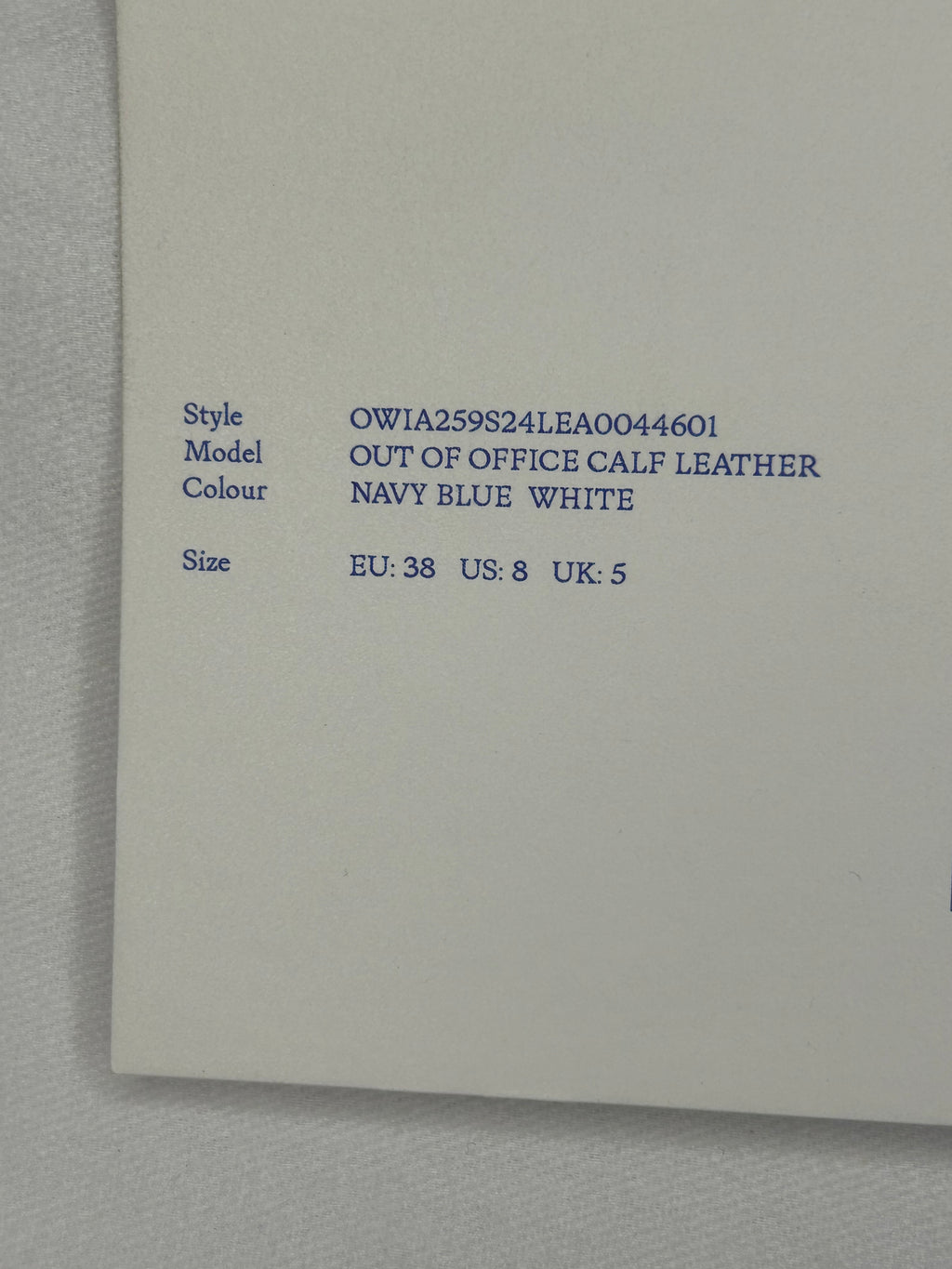 Off-White Out of Office Calf Leather Sneakers – Navy Blue & White (UK 5, Brand New)