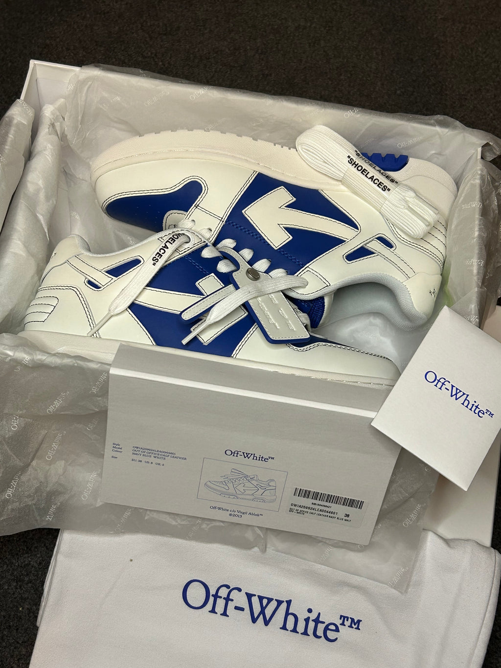 Off-White Out of Office Calf Leather Sneakers – Navy Blue & White (UK 5, Brand New)