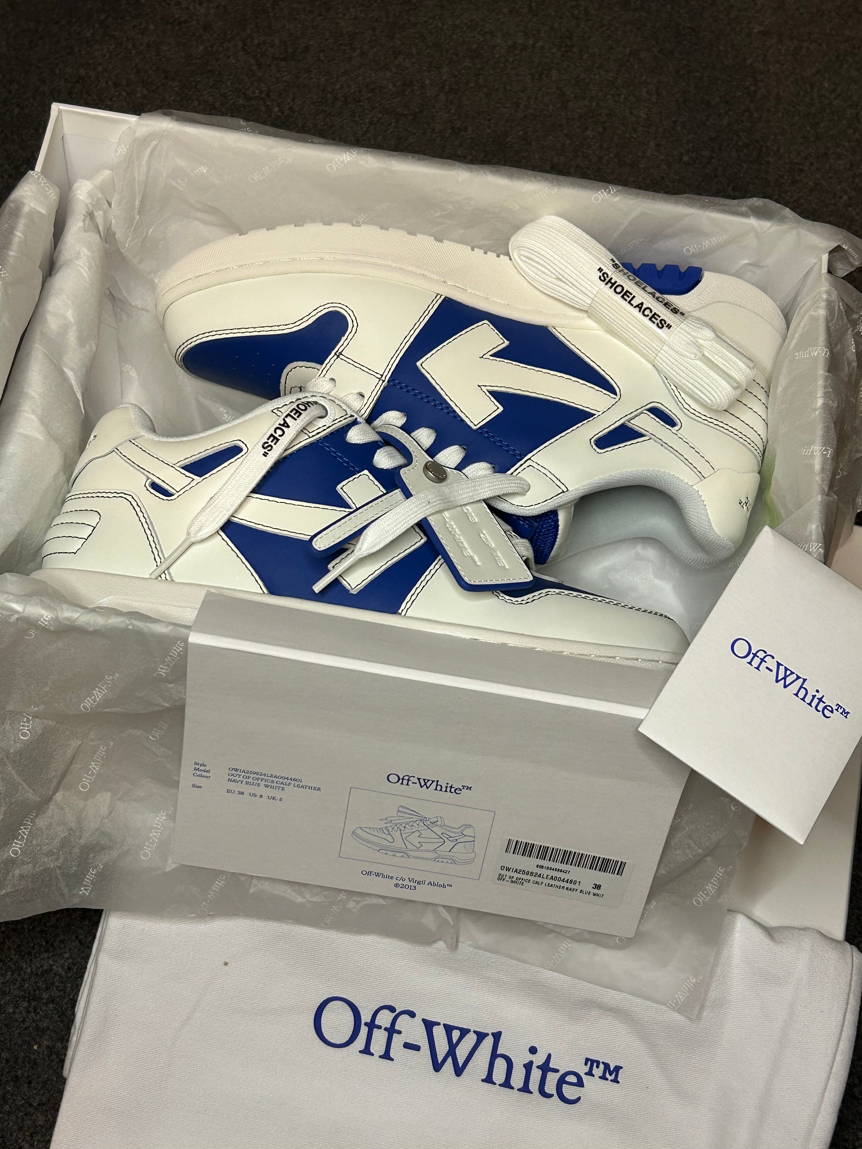 Off-White Out of Office Calf Leather Sneakers – Navy Blue & White (UK 5, Brand New)