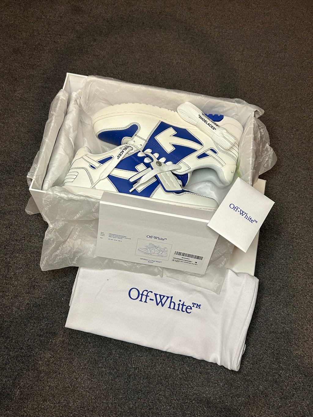 Off-White Out of Office Calf Leather Sneakers – Navy Blue & White (UK 5, Brand New)